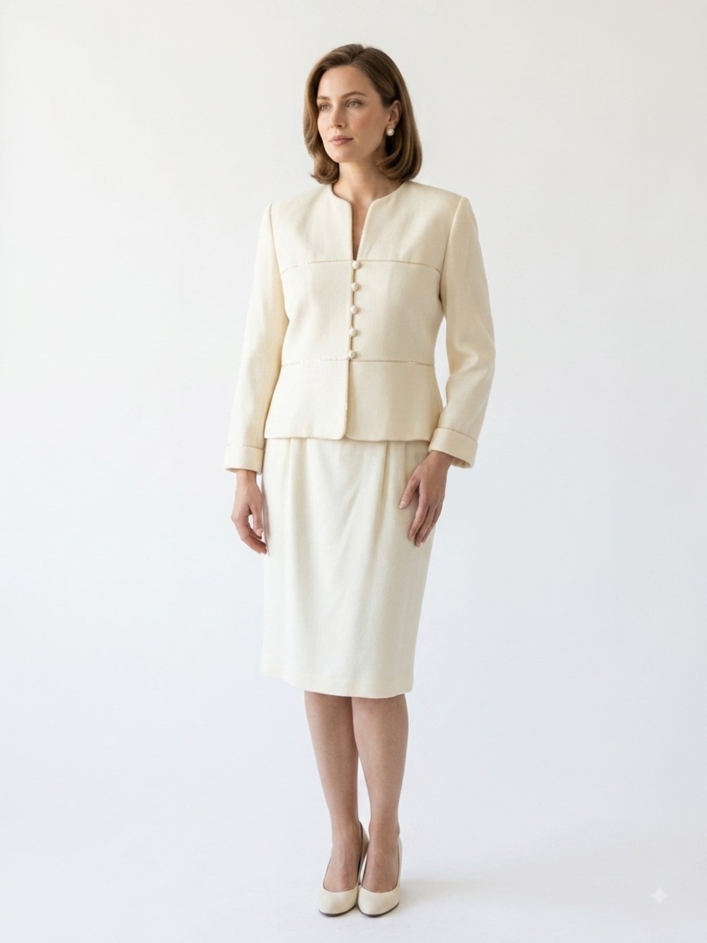 Albert Nipon NWT Vintage 100% Wool Skirt Suit Ivory Beaded Trim & Buttons, US 12
